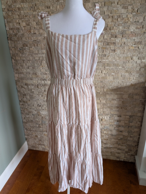 The Limited Dresses & Skirts - Linen Blend Tie Strap Ruffle Tier Coastal Neutral Striped Midi Dress Sz L Beach